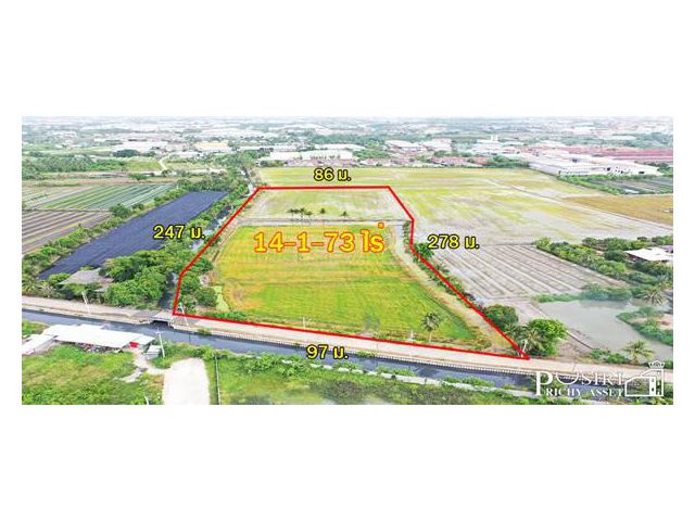 ซื้อทำกำไรได้มากกว่า100 % + กับที่ทรงสวย 14 ไร่เศษ หน้ากว้าง 97 ม. ใกล้ ถ. ตัดใหม่ กัลปพฤกษ์ – พุทธสาคร kk5104s
