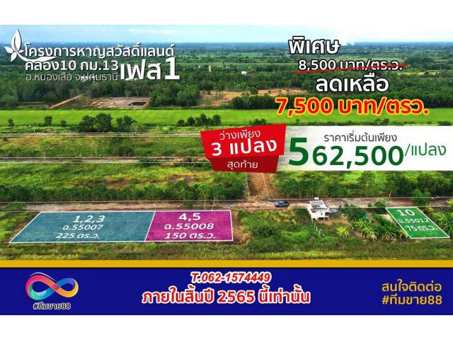 ถูกดีที่ดินใกล้โรงพยาบาลหนองเสือสดผ่อนทุกเงื่อนไข  T.062-1574449