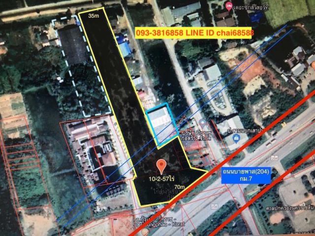 ##ขายที่ดินติดถนนบายพาส204 กม.7 ตรงข้ามศาลปกครอง เนื้อที่ 10-2-57ไร่ ที่ดินถมแล้ว หน้ากว้าง 70เมตร (ที่ดินมีสายไฟฟ้าผ่าน) ##