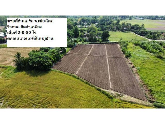 ขายที่ดินแม่ริม จ.เชียงใหม่ วิวดอย ติดลำเหมือง เนื้อที่ 2-0-80 ไร่ ติดถนนคอนกรีตในหมู่บ้าน