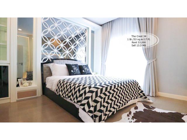เช่า&ขาย-The Crest สุขุมวิท 34 /1 ห้องนอน/ 53 ตร.ม/ชั้น 17  ใกล้ BTS ทองหล่อ  เช่า 53,000/ขาย 13.5 ล้าน