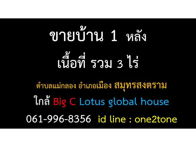 ขายบ้าน 1 หลัง เนื้อที่ รวม 3 ไร่สมุทรสงตราม ใกล้ Big C Lotus global house   id line : one2tone