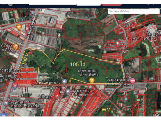 ที่ดิน 105 ไร่ ติดถนนด้าน ด้านหน้ากว้าง 175 เมตรติดถนนเศรษฐกิจ1