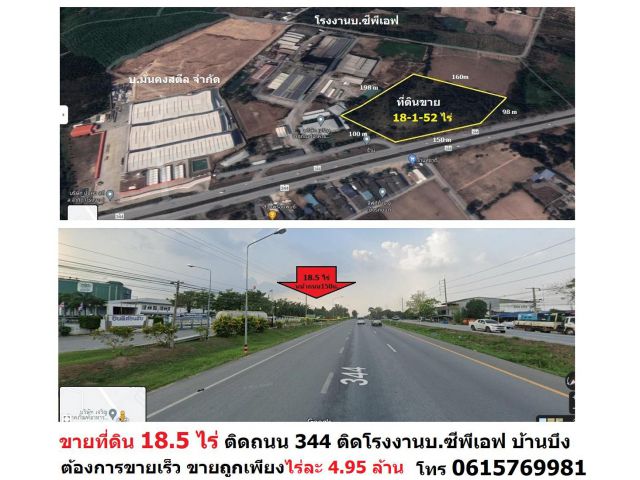 ขายที่ดิน 18.5 ไร่  ติดถนน344 ติดโรงงานบริษัทซีพีเอฟ บ้านบึง ขายราคาถูก