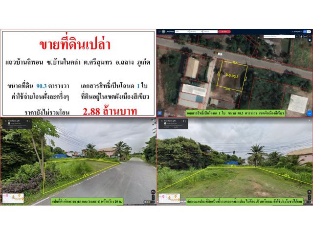 ขายที่ดินเปล่า ขนาด 90.3 ตารางวา  แถวบ้านลิพอน  ซ.บ้านในคลำ  ต.ศรีสุนทร  อ.ถลาง  ภูเก็ต