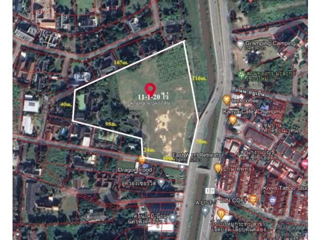#ขายที่ดินอำเภอเมืองเชียงใหม่ ติดถนนคันคลอง700ปี ใกล้เมญ่า เนื้อที่ 11-1-20 ไร่ วาละ 120,000 (542.4ล้าน)