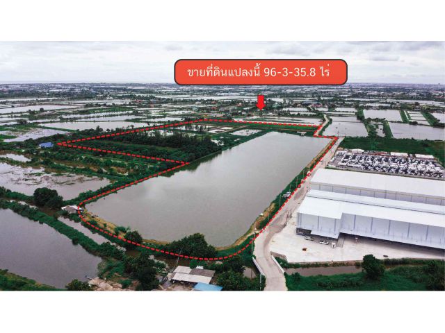 ขายที่ดินแปลงมุม 96-3-35.8  ไร่ คลองส่งน้ำสุวรรณภูมิ ถ.เทพารักษ์ กม.19 ต.บางปลา อ.บางพลี จ.สมุทรปราการ ขายไร่ละ 6.2 ล้าน รวมค่าโอน
