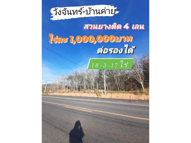 ขายด่วนที่ดิน ติดถนน 4 เลน วังจันทร์-บ้านค่าย สวนยางวิวภูเขา