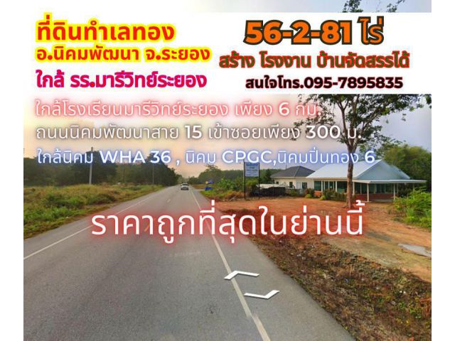 ขายที่ดินระยอง นิคมพัฒนา 56-2-81ไร่ ถนนสาย 15 ใกล้ รร.มารีวิทย์ระยอง