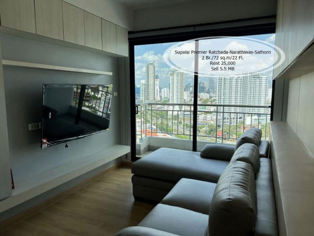 เช่า&ขาย- Supalai Premier Ratchada-Narathiwas-Sathorn/2 ห้องนอน / 72 ตร.ม. /ชั้น 22  เช่า 25,000/ขาย 5.5 ล้าน