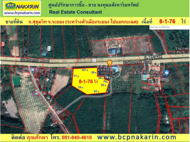 ขาย ที่ดิน 8-1-76 ไร่ จ.ระยอง ติดถนนสุขุมวิท ทางไปแยกกะเฉด (002070)