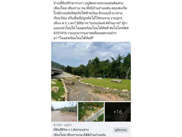 #*ขายที่ดินแปลงสวยๆ591ต.ร.ว.อยู่ติดถนนสายเชียงใหม่-เชียงราย ใกล้ปางแฟนรีสอร์ท ที่ดินพัฒนาแล้วไฟฟ้า-ประปาพร้อม ขายถูกๆ