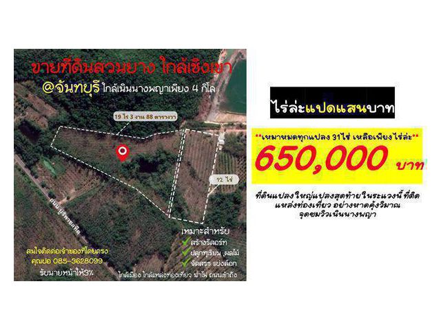 ขายที่ดินสวนยาง ใกล้เชิงเขา จันทบุรี ใกล้เนินนางพญาเพียง 4 กิโล ใกล้เมือง ใกล้แหล่งท่องเที่ยว น้ำไฟ ถนนเข้าถึง โทร 0618915966