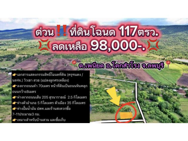 ด่วนที่ดินโฉนด 117ตรว. ลดเหลือ 98,000-.