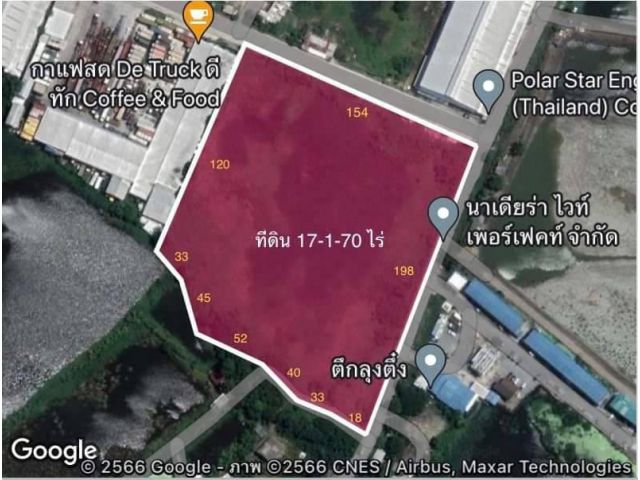 ขายที่ดิน เนื้อที่ 17-1-70 ไร่ ราคา 25,000 ต่อ ตรว. ตั้งอยู่ อ.บางบ่อ จ.สมุทรปราการ ติดถนน 2 ด้าน