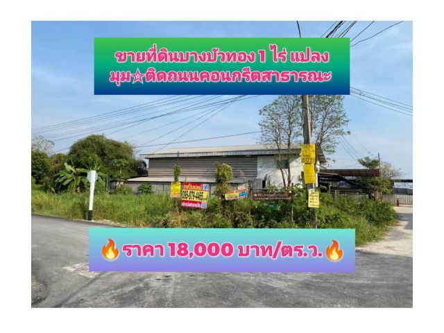 ขายที่ดินบางบัวทอง 1 ไร่แปลงมุมติดถนนคอนกรีตสาธารณะซอย หล่อพระ(วัดป่ามั่นเจริญบัวธรรม) ถนน บางกรวย-ไทรน้อย