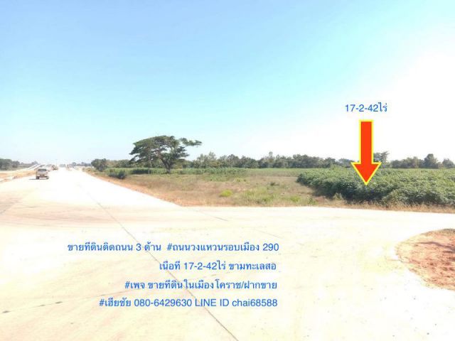 ขายที่ดินติดถนนวงแหวนรอบเมือง 290 เนื้อที่ 17.5ไร่ ติดทาง 3ด้าน ติด ทล.2198 100เมตร ขามทะเลสอ