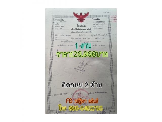 ขายที่ดินโฉนด 1 งาน นส4จ ราคา120000 บาทติดถนน 2 ด้าน