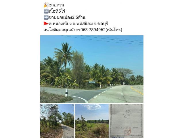 ขายด่วน  เนื้อที่5ไร่  ขายยกแปลง3.5ล้าน ต.หนองเหียง อ.พนัสนิคม จ.ชลบุรี สนใจติดต่อคุณมังกร063-7894962(เน้นโทร)
