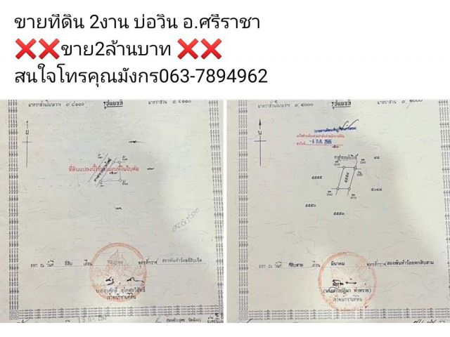 ขายที่ดิน 2งาน บ่อวิน อ.ศรีราชา   ️ขาย2ล้านบาท ️️ สนใจโทรคุณมังกร063-7894962