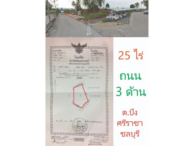 ขายที่ดินศรีราชา 25 ไร่ ต.บึง จ.ชลบุรี ที่หัวมุม ติดถนน 3 ด้าน