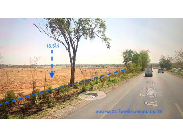 ##ที่ดินติดถนนโชคชัย-เดชอุดม (ทล.24)กม.16 เนื้อที่ 16-2-93ไร่ ที่ดินถมแล้วหน้ากว้าง 56เมตร พื้้นที่สีม่วง ##