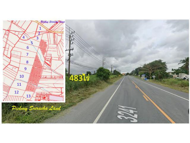 ที่ดิน 483 ไร่ ผังสีม่วงลาย-เหลืองอ่อน ติดถนน 3241 หุบบอน - ศรีราชา