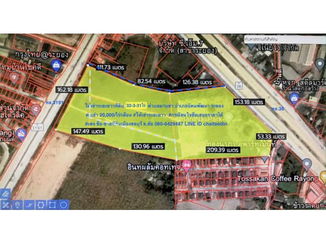##ให้เช่าระยะยาวที่ดินติด ทล.36 มาบข่า นิคมพัฒนา ระยอง เนื้อที่ 32-3-31ไร่ ติดถนนหลัก หน้ากว้าง 153เมตร ทำเลดี ###