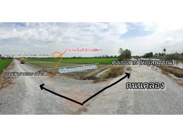 ที่สวยแปลงริม ติดคลอง ถนนสองด้าน เนื้อที่2งาน10ตรว.