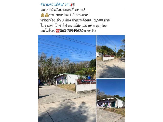 #ขายด่วนที่ดิน1งานเขต บ่อวินวัดยางเอน ปิ่นทอง3 ขายยกแปลง 1.3 ล้านบาท พร้อมห้องเช้า 3 ห้อง ค่าเช่าเดื่อนละ 2,500 บ