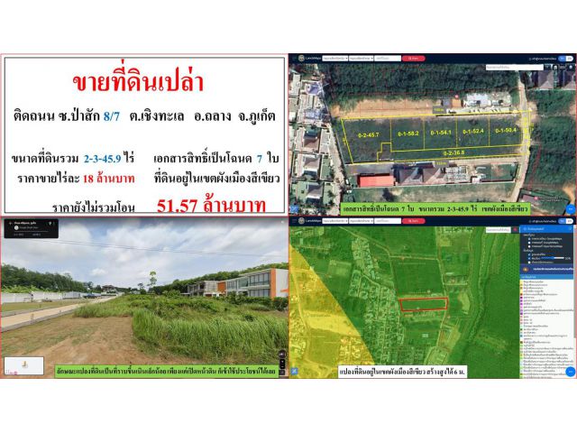 ขายที่ดินเปล่า ขนาด 2-3-45.9 ไร่  ติดถนน ซ.ป่าสัก 8/7  ต.เชิงทะเล  อ.ถลาง  ภุเก็ต