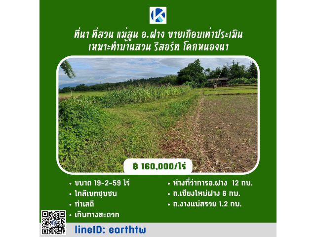 ที่นาเนื้อที่ 19-2-59 ไร่ ที่ตั้ง: ต.แม่สูน อ.ฝาง จ.เชียงใหม่ เหมาะสำหรับทำนา ทำสวน ทำไร่ บ้านสวน โคกหนองนา