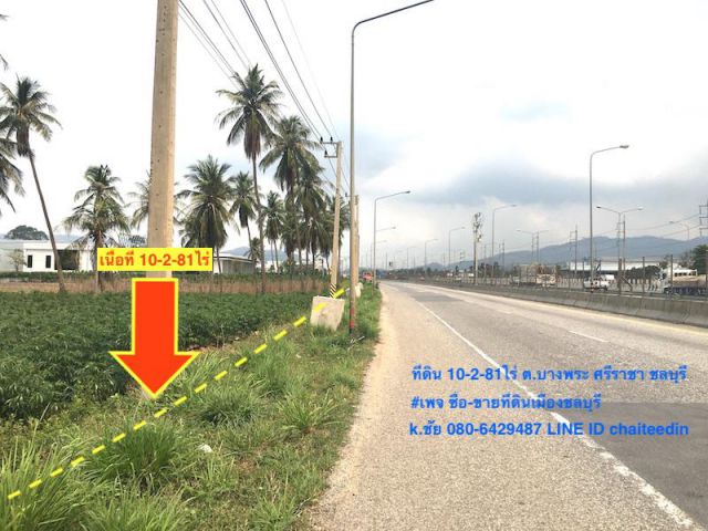 @@ขายที่ดินติดถนนคู่ขนานมอเตอร์เวย์ ทล.7 เนื้อที่ 29.5ไร่ บางพระ ศรีราชา ชลบุรี ขาเข้ากรุงเทพ ที่ดินหน้ากว้าง 288เมตร ลึก 300เมตร @@@