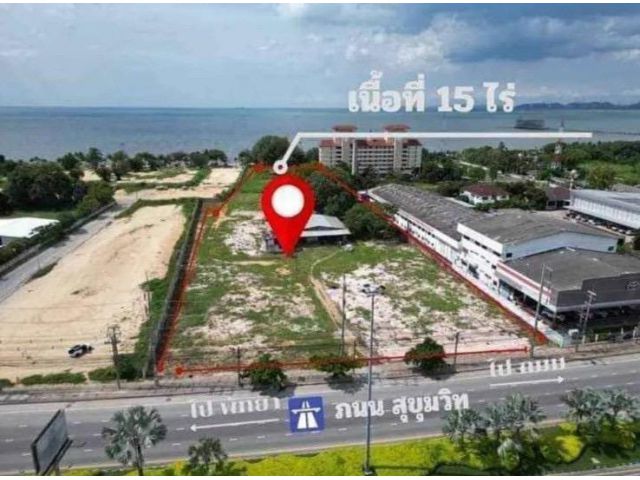 R624-099LAND FOR SALE IN PATTAYA ที่ดินติดทะเลพัทยา  15ไร่ ขายที่ดินเปล่า  ติดทะเล พัทยา ที่ดินเปล่า ทำเลทอง  หน้าติดถนนสุขุมวิท กว้าง 80  เมตร