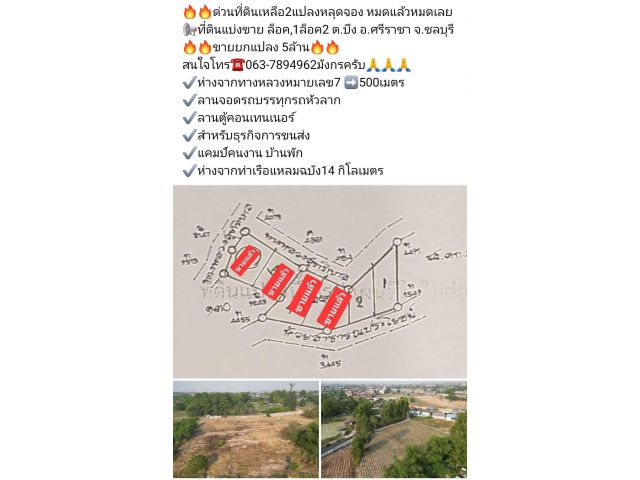 ด่วนที่ดินเหลือ2แปลงหลุดจอง หมดแล้วหมดเลย ที่ดินแบ่งขาย ล็อค,1ล็อค2 ต.บึง อ.ศรีราชา จ.ชลบุรี  ขายยกแปลง 5ล้าน