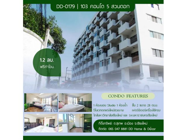 DD-0179 ขายห้องสตูดิโอรีโนเวทใหม่ 103 คอนโด 5 สวนดอก มช CMU]