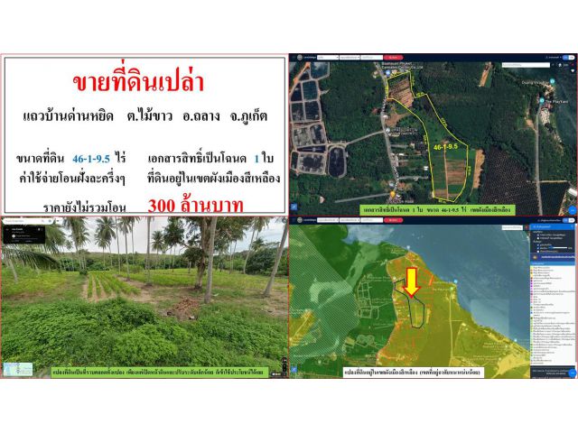 ขายที่ดินเปล่า ขนาด 46-1-9.5 ไร่  แถวบ้านด่านหยิด  ต.ไม้ขาว  อ.ถลาง  ภูเก็ต