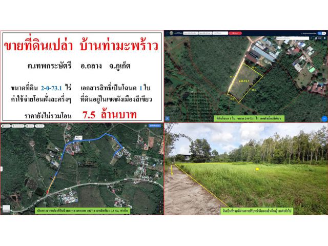 ขายที่ดินเปล่า บ้านท่ามะพร้าว ขนาด 2-0-73.1 ไร่  ต.เทพกระษัตรี  อ.ถลาง  ภูเก็ต
