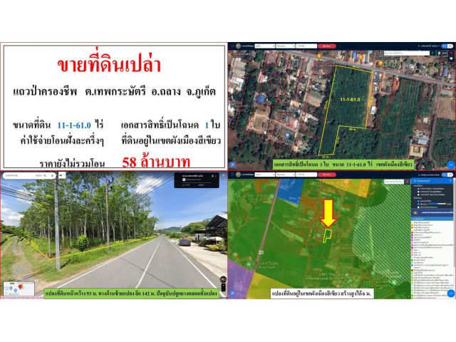 ขายที่ดินเปล่า ขนาด 11-1-61.0 ไร่  แถวป่าครองชีพ  ต.เทพกระษัตรี  อ.ถลาง  ภูเก็ต
