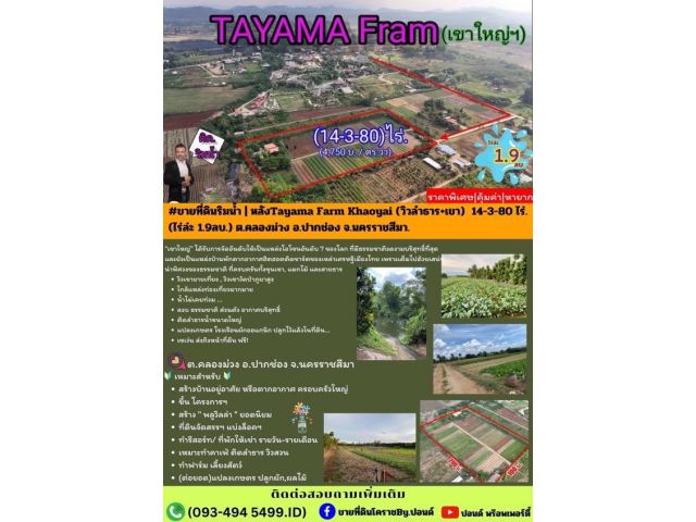 ขายที่ดินเขาใหญ่ ที่ดินริมน้ำ | หลังTayama Farm Khaoyai (วิวลำธาร+เขา) 14-3-80 ไร่.(ไร่ล่ะ 1.9ลบ.) ต.คลองม่วง อ.ปากช่อง