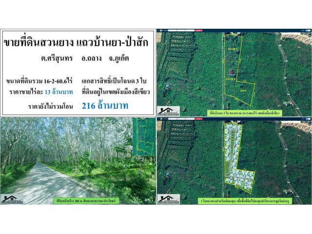 ขายที่ดินสวนยาง 16-2-60.6ไร่ แถวบ้านยา-ป่าสัก เอกสารสิทธิ์โฉนด3ใบ  ผังเขียว ***ไร่13ลบ.***