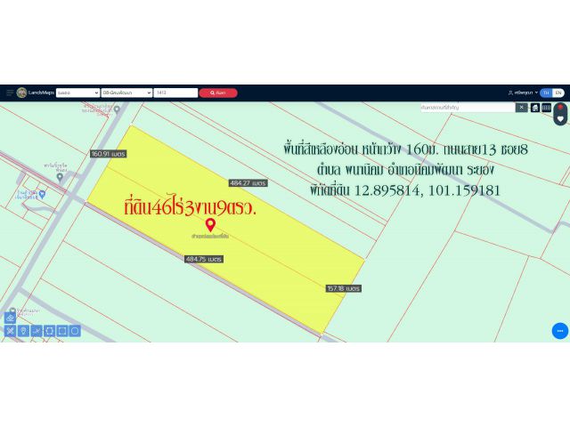 ขายที่ดิน 46ไร่ 3งาน 9ตารางวา พื้นที่สีเหลืองอ่อน หน้ากว้าง 160ม. ถนนสาย13 ซอย8 ตำบล พนานิคม อำเภอนิคมพัฒนา ระยอง