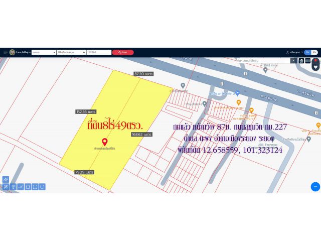 ขายที่ดิน8ไร่49ตารางวา ถมดินแล้ว พื้นที่สีเหลืองอ่อน หน้ากว้าง 87ม. ถนนสุขุมวิท กม.227 ตำบล ตะพง อำเภอเมืองระยอง ระยอง