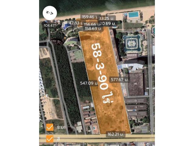 R624-044 #ที่ดินติดทะเลนาจอมเทียน ( หาดน้ำเมา ) พัทยา ชลบุรี   จำนวนน  58-3–90 ไร่  ขายราคาไร่ละ   15ลบ. ด้านหน้าติดทะเลกว้าง  160 ม. ฝั่งติ