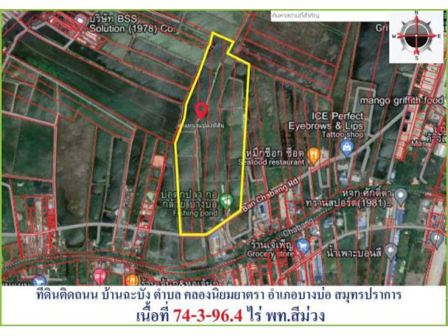 ขายที่ดินต่ำกว่าราคาตลาดที่ดินผังสีม่วง บนถนนพิมพาวาส บางบ่อ สมุทรปราการ เนื้อที่ 74-3-96 ไร่