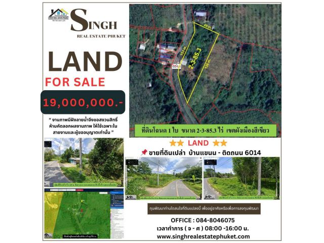 ** LAND FOR LAND ** ขายที่ดินเปล่า ( บ้านแขนน - ติดถนน 6014 ) - ขนาดที่ดิน 2-3-85.3 ไร่