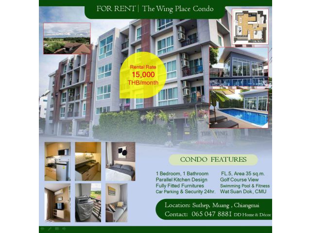 ให้เช่า The Wing Place Condo ชั้น 5 แบบ 1 Bedroom วิวสนามกอล์ฟ