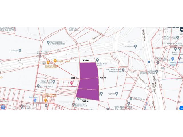 ขายที่ดินผังสีม่วง 32 ไร่ ติดถนนใหญ่ ใกล้ท่าเรือแหลมฉบัง เหมาะทำคลังสินค้า