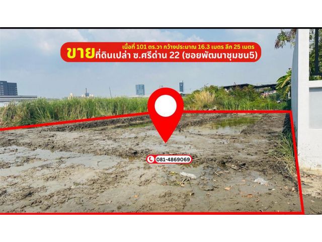 ขายที่ดินเปล่า ถนนศรีนครินทร์ ซ.ศรีด่าน 22 (ซอยพัฒนาชุมชน5)ตำบลบางแก้ว อำเภอบางพลี สมุทรปราการ