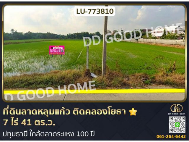 ที่ดินลาดหลุมแก้ว ติดคลองโยธา 7 ไร่ 41 ตร.ว. ปทุมธานี ใกล้ตลาดระแหง 100 ปี